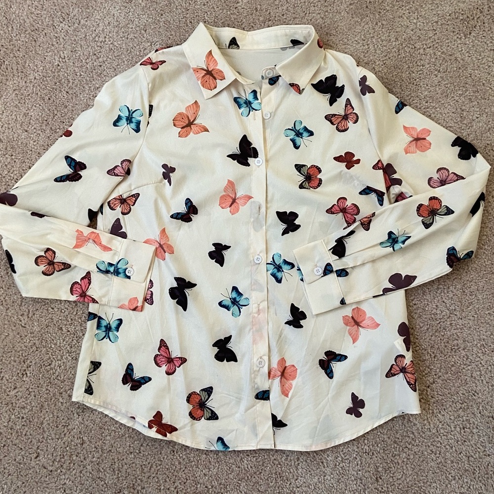 Butterfly Print Button Down Shirt, Size M